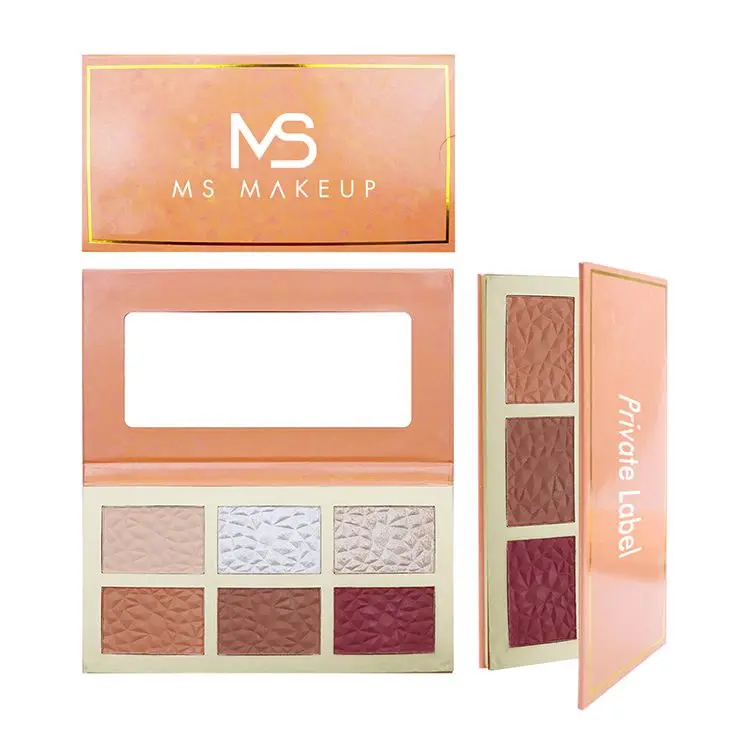 6 Colors Matte Shimmer Contour Bronze Pressed Powder Palette with Mirror High-pigment Private Label Highlight and Blush Palette