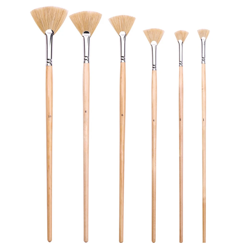 Xin Bowen Painting Brushes Set 6-Piece Hog Hair Fan-shaped Brush Set Wood Handle Brushes in Log Color