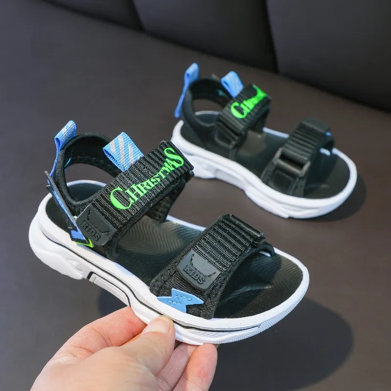 Kids casual open toe magic stick chunky heel sporty non slip outdoor sandals for