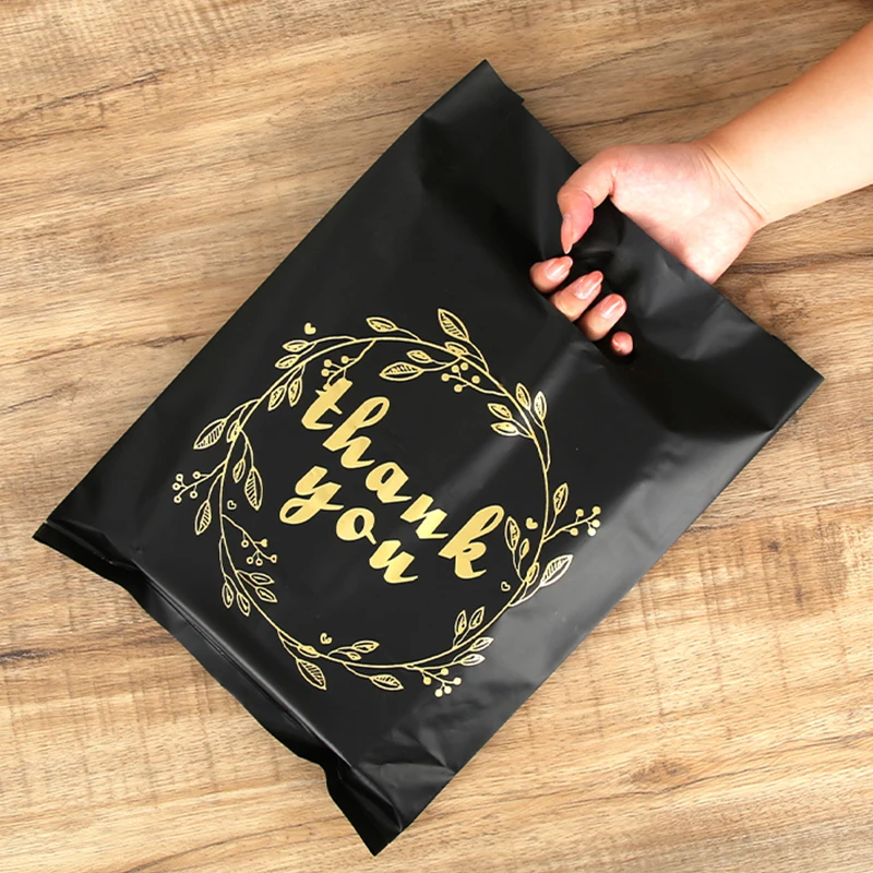 Wholesale Thank You Black Plastic Merchandise Bags Thank You Bag With Handle For Stores Boutique Clothes Small Business Gift