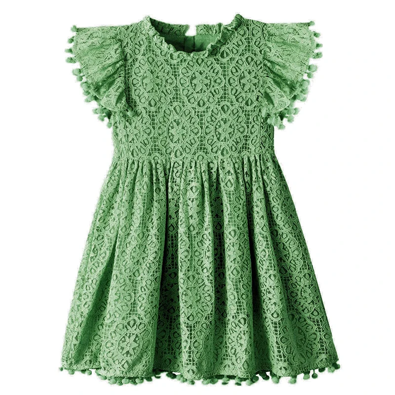 Dusty Color Kids Frocks Malaysia Kids Girls Cotton Pick Lace Long Summer Wedding Dresses Pom Pom O-Neck Party Style Age Children