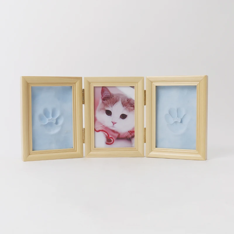 Foldable solid wood photo frame for easy placement as a beautiful gift for pets with pressed paw prints