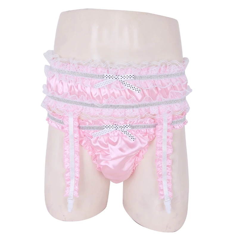 Mens Lingerie Soft Shiny Satin Ruffled Frilly Low Rise Stretchy Sissy Bikini Briefs with Garters Underwear Panties
