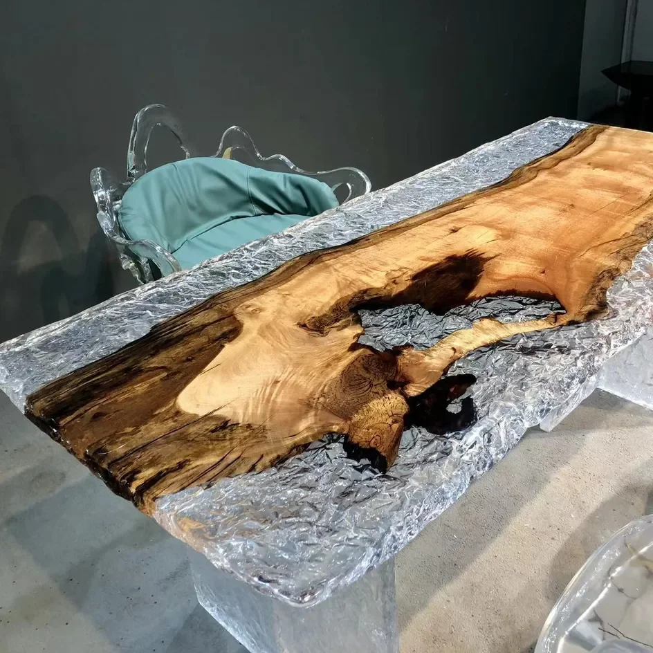 Transparent glass pattern epoxy resin table top wood golden camphor resin coffee table