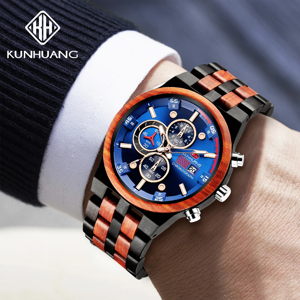 Новые модные мужские деревянные часы KUNHUANG 1020 полностью спортивные с хронографом наручные для джентльмена