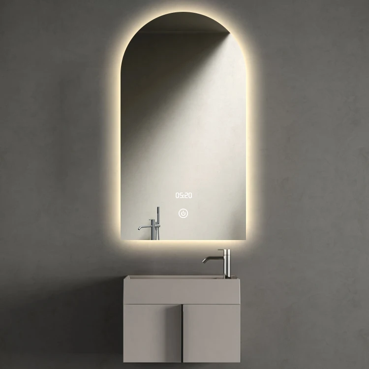 Design Arch Door Mirror with Led Light Bathroom Decorative Wall Mirror Time Demister