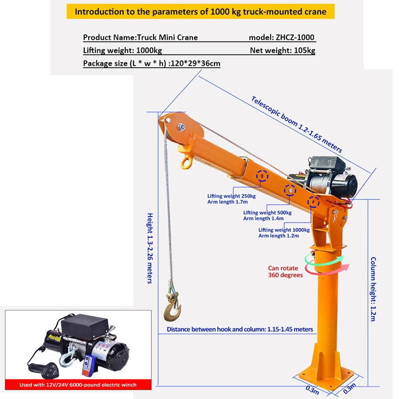 Mini Lifting 1000 Electric Small Mini Truck Crane For Car Pick Up Goods Manufacturer Crane Arm