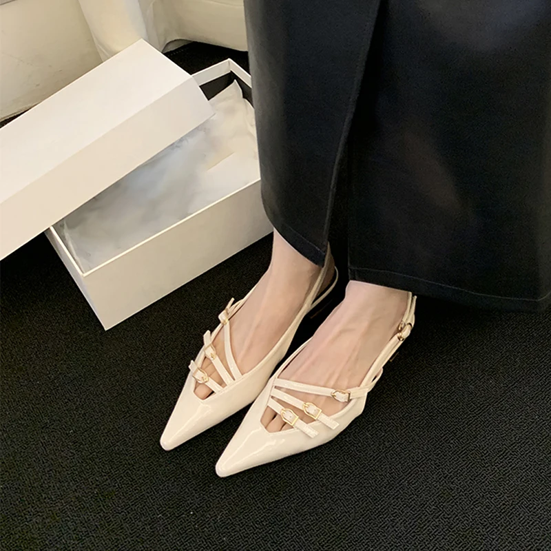 Autumn Black Narrow Band Solid Slingbacks Pointed Toe PU Shallow Leisure Pumps Buckle Party Square Heel Women Shoes Fashion 2024