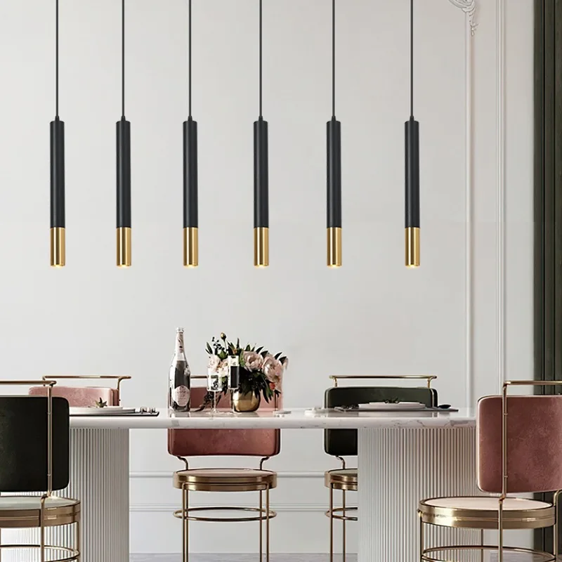 Modern Black Brass Gold Pendant Light Aluminum Tube LED Bulb for Home Kitchen Bedroom Hotel Room Lighting