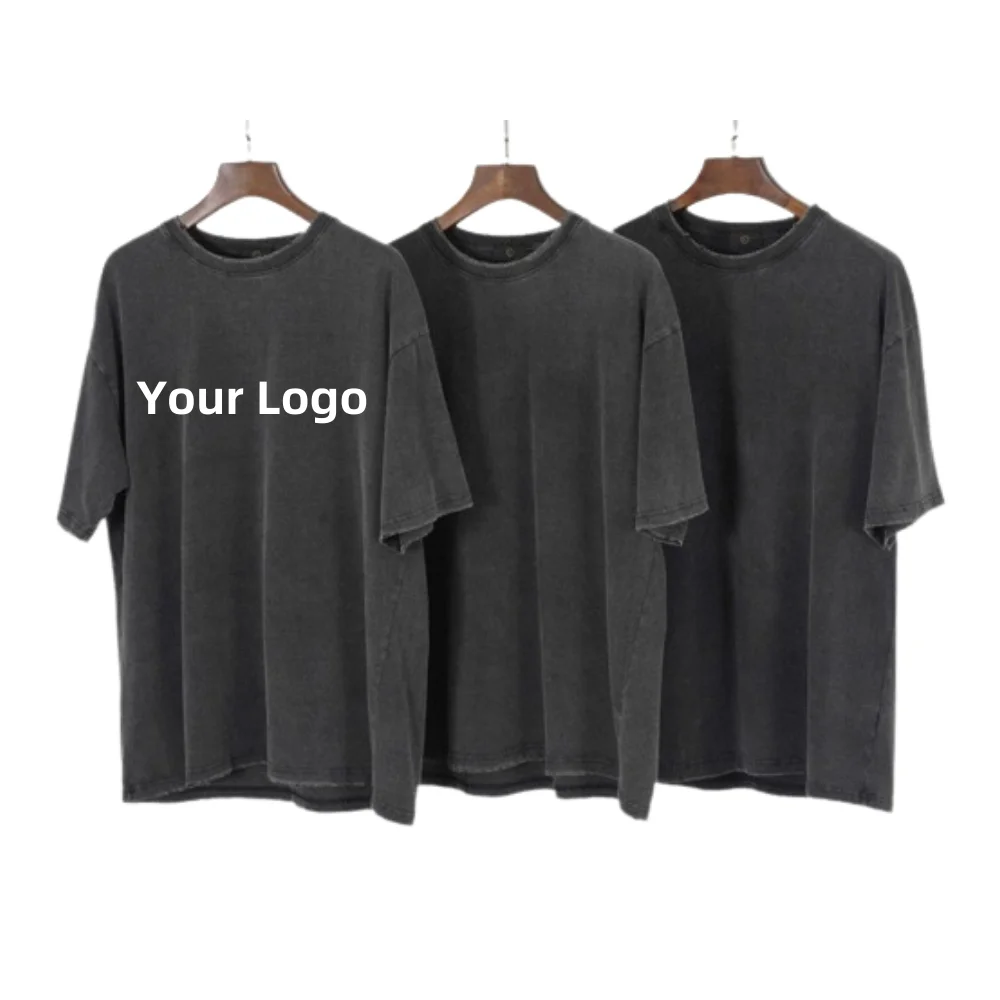 Custom print vintage retro color heavy weight oversized black blank crewneck pre soft cotton mens acid washed t shirt