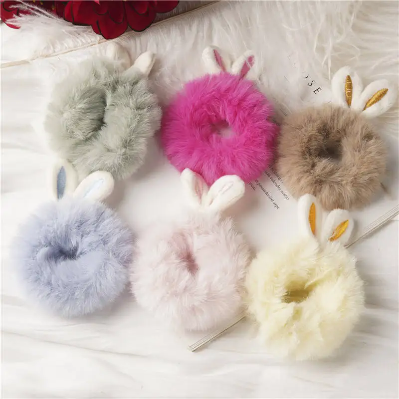 2023 New Plush Rabbit Ears Hair Scrunchies Girl Elastic Hair Bands Soft Hair Scrunchies For Wholesale