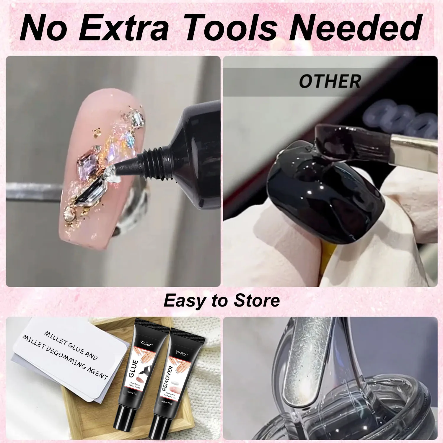 Yinikiz Quick Drying 10g Semi Solid Nail Glue with 10ml Remover for Press On Nails Tips  Long Lasting False Nails Kit Glue Gel