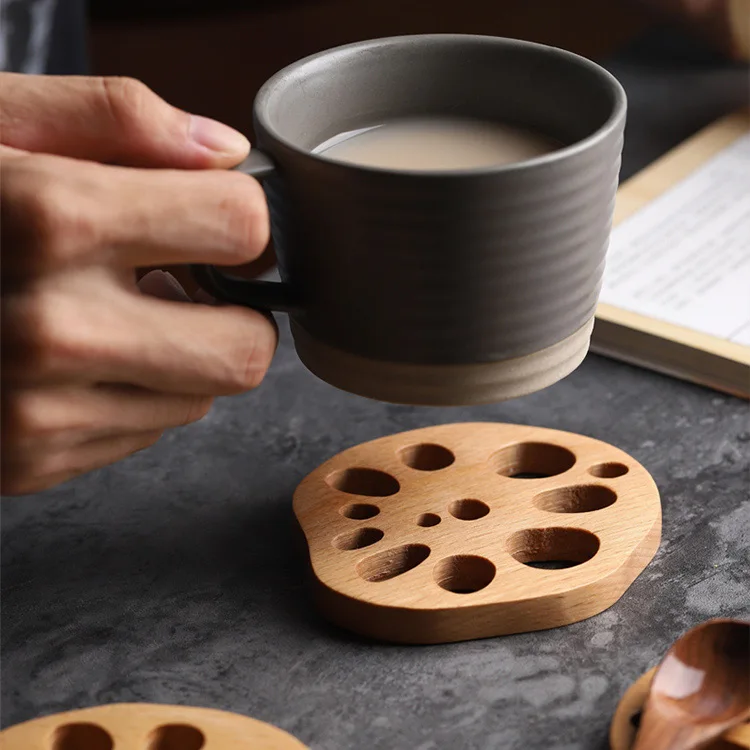factory direct sale lotus root slices shape beech wood cup mat coaster 8.5x9.5cm