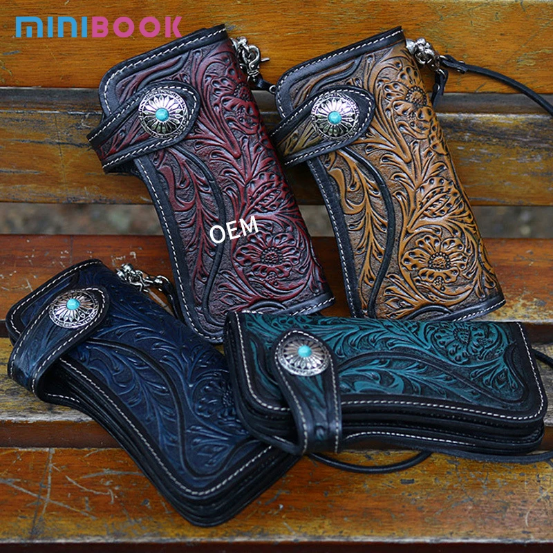Genuine Leather Luxury Biker Wallet Premium Cowhide Leather Custom Logo Embossed Biker Wallet Chain