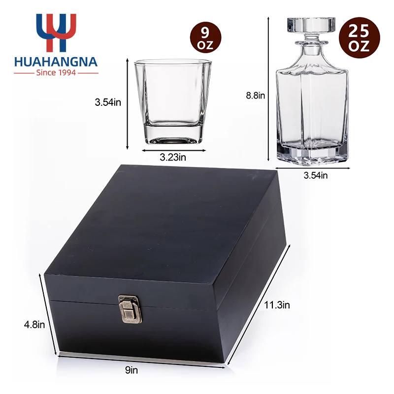 Customized Color Personalized Bourbon Liquor Decanter Set and 2 Square Whiskey Drinking Glasses in Black Wood Gift Box