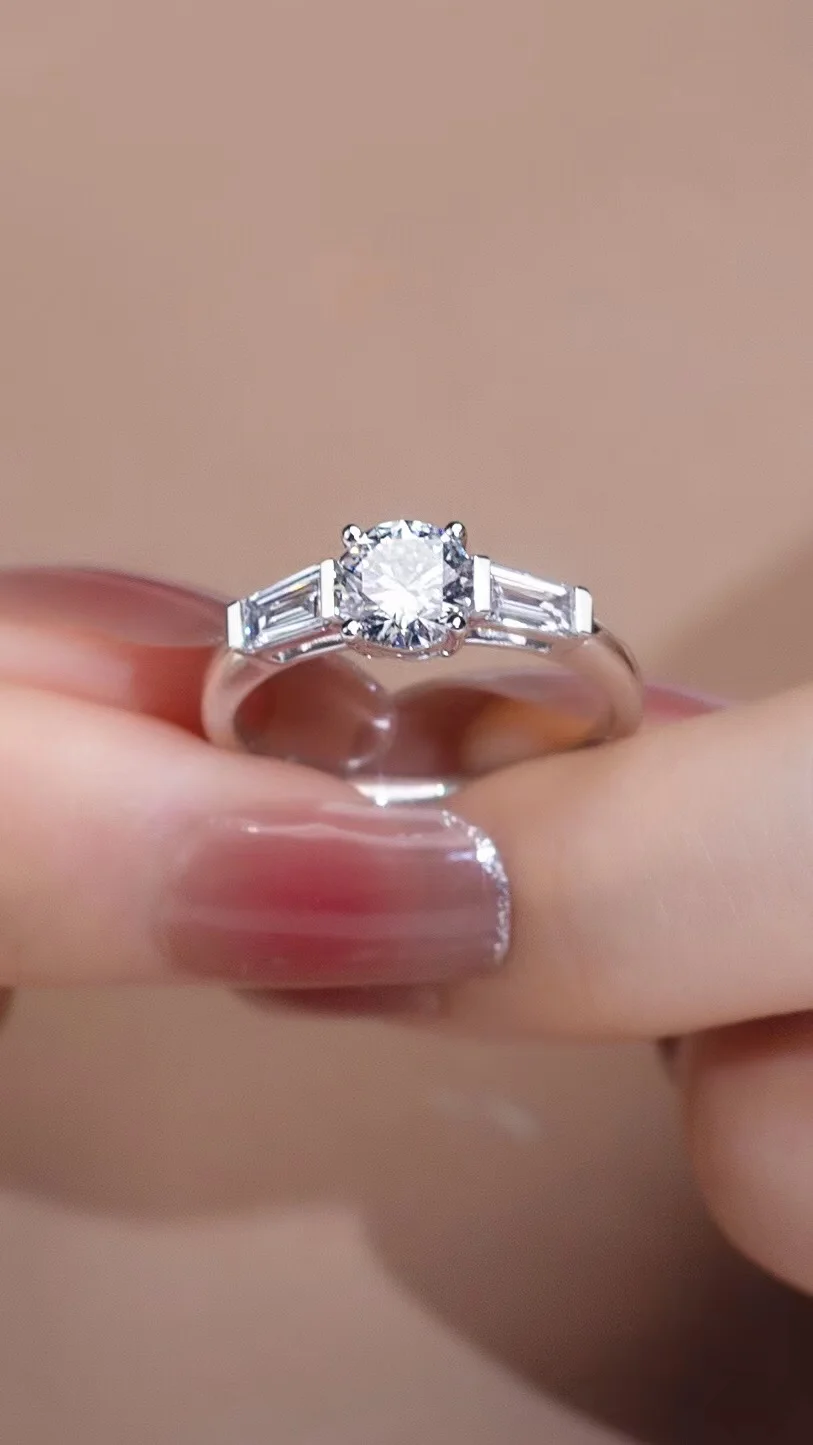 Four Prong Ring Side Edge with Emerald Cut Lab Created Diamond 18k Gold CLASSIC HY Round White Gold Engagement Bands or Rings