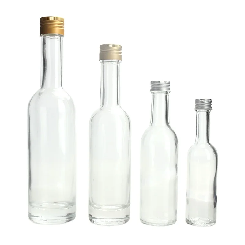 Round 50ml 100ml 150ml 250ml long thin neck glass bottle for beverages wine juice with lid