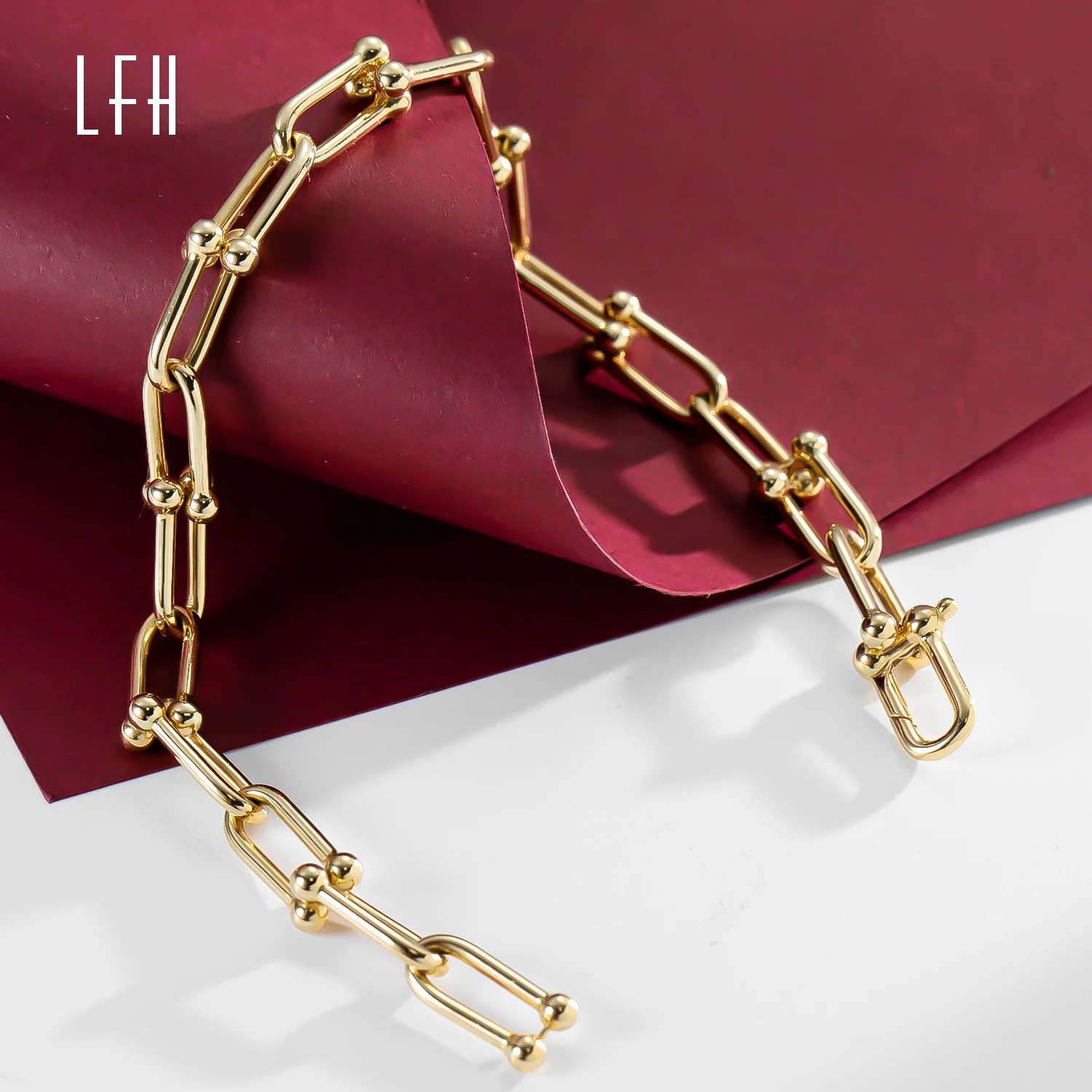 18k Real Gold Chunky Chain Geometric Link Bracelet Thick U Shape Linked Bracelet Wholesale Women Charm Bracelet