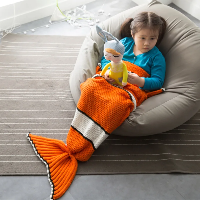 Wholesale Soft Baby Knitted Crochet Throw Weight Polyester Cable Toy Mermaid Tail Blanket for Adult Kids Children