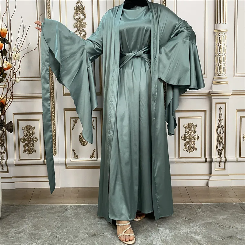 High Quality Elegant Two Piece Satin Suit Long Sleeve Dress Plus Open Abaya Suit Dubai Muslim Women Islamic Clothing