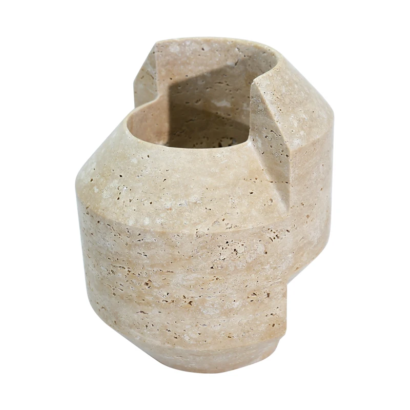 Natural Classic Beige Travertine Home Decor natural  Marble stone Small Round Travertine Flower Vase Travertine Decoration