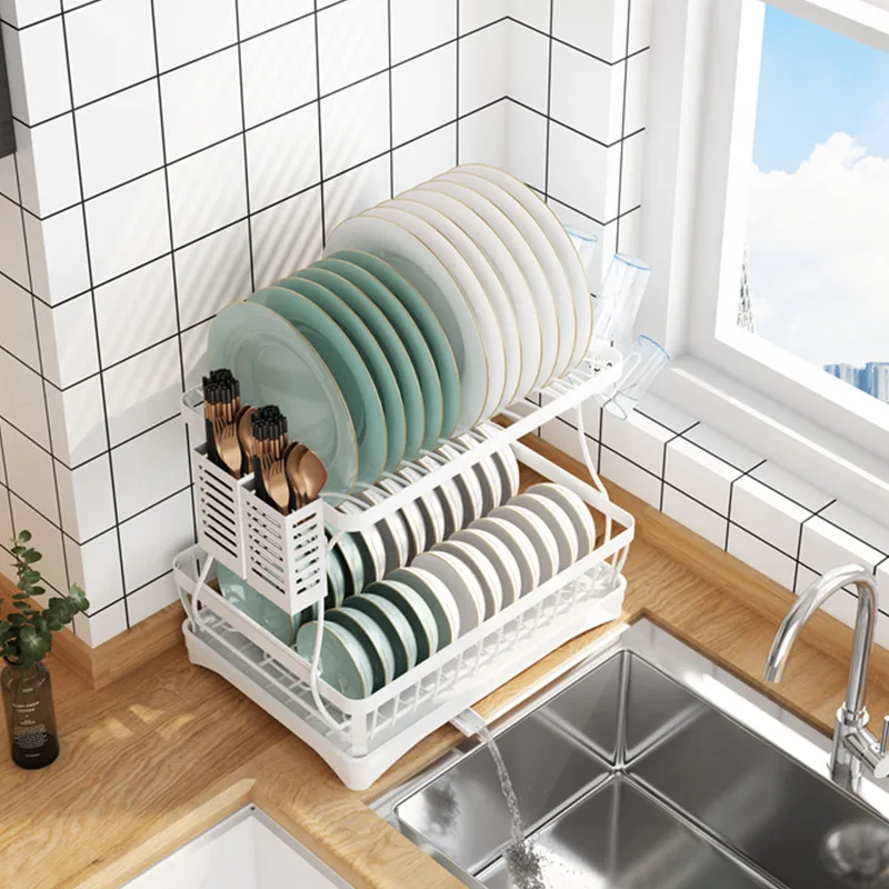 2 tier dish drying rack for kitchen counter metal dish drainers rack with drainboard large dish dryer with utensil holder