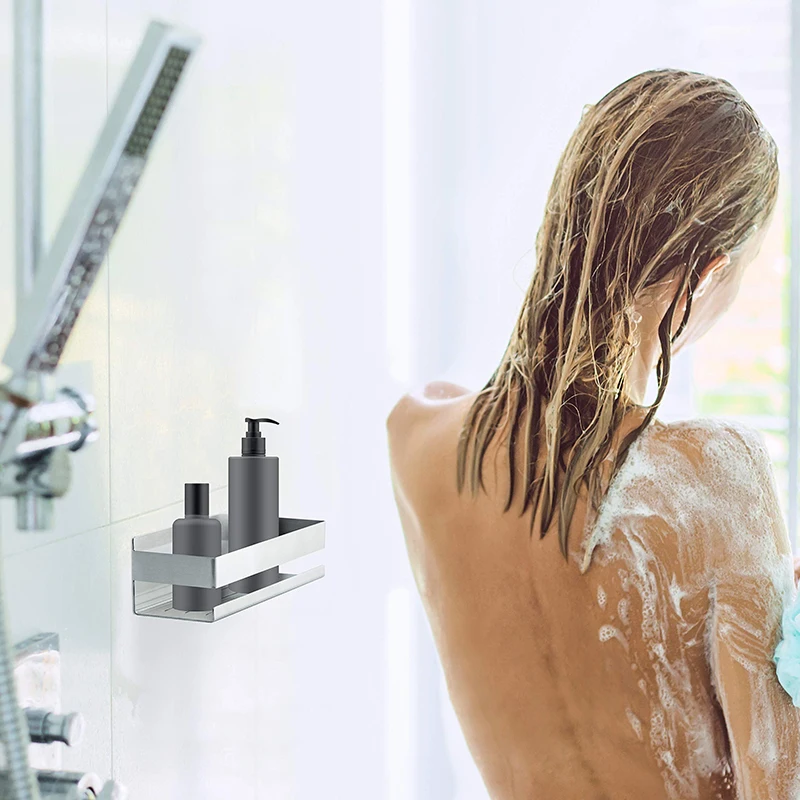 Free shipping 304 Stainless Steel Self Adhesive Shower Shelf Bathroom Shower Caddy Bath Storage Shelf Brushed/Black