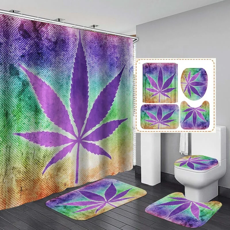 
i@home polyester 4 piece blue leaves printed water resistant shower curtain set for bathroom 