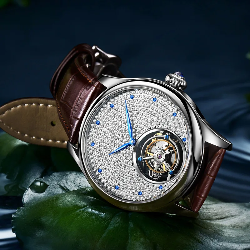 Luxury Mechanical Tourbillon Movement AESOP Watch Sapphire Glass Watch Case Bling Bling Silver Diamonds Watch Men Luxury