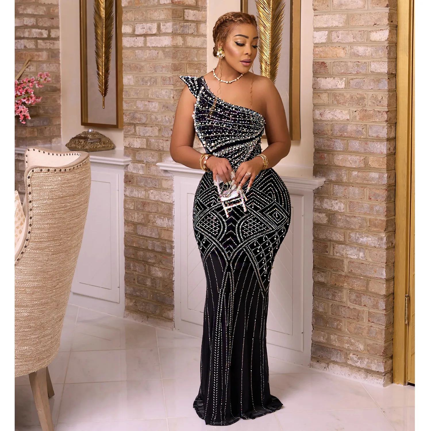 C6818 Trendy Club Dresses Women Solid Color Rhinestone Diagonal Neck Long Dress Women Party Gowns For Women Evening Dresses
