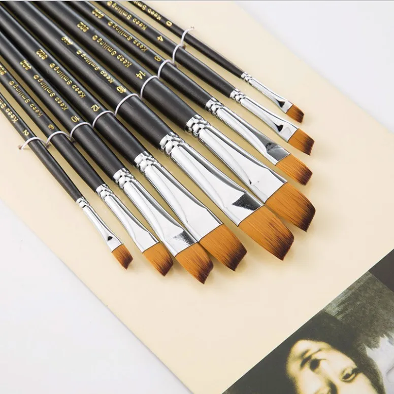 9pcs Long Rod Black Matt Nylon Wool Oblique Head for Watercolor Acrylic Oil Painting