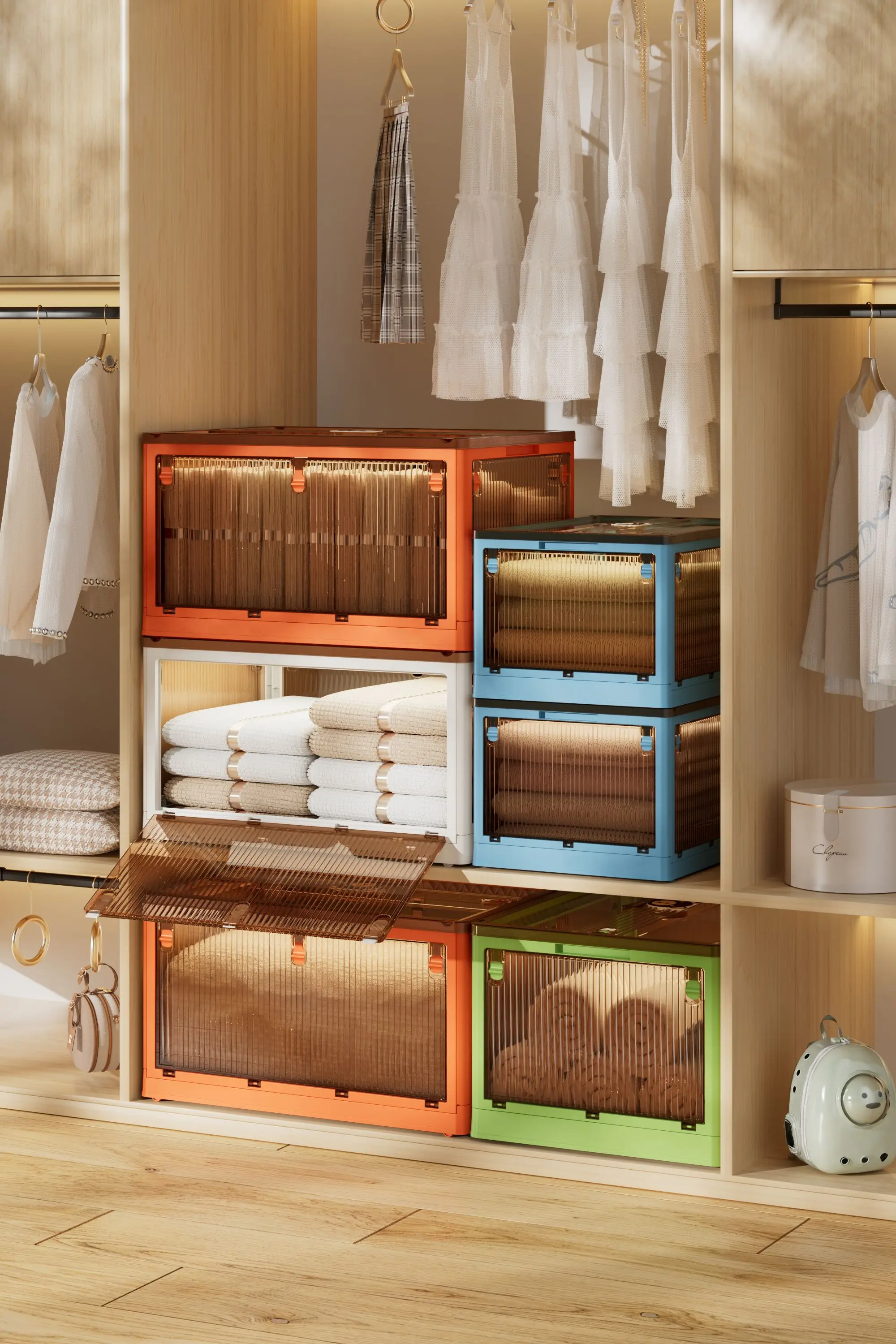 Wholesale side open door stackable household transparent large capacity clothes storage box folding plastic box with wheel