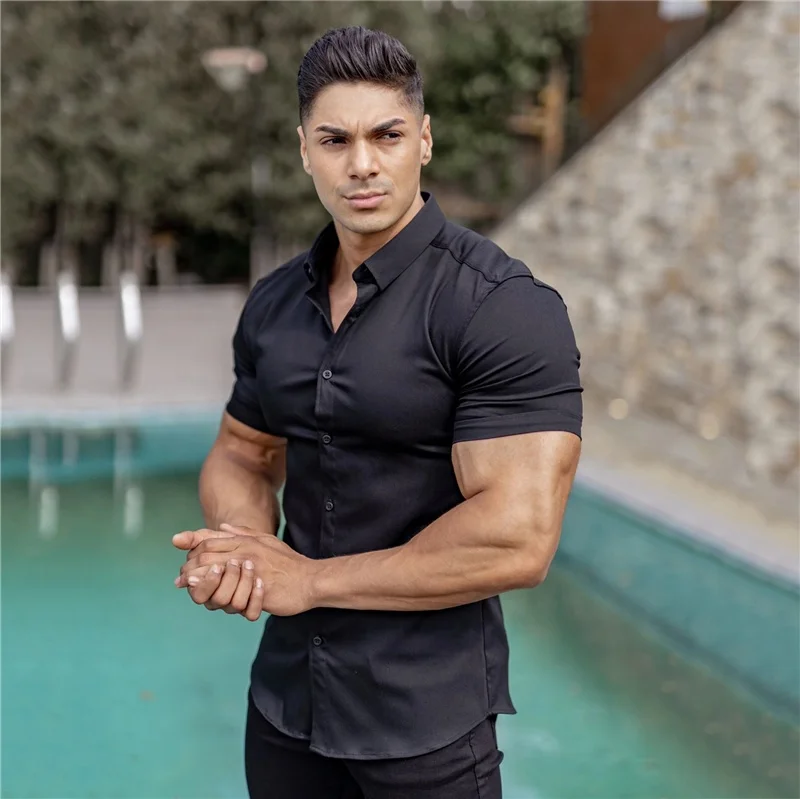 Mens Muscle Fit Button Down Dress Shirts Printed Stretch Slim Wrinkle Free Athletic Wear No Iron Office Attire Tuxedo Shirt