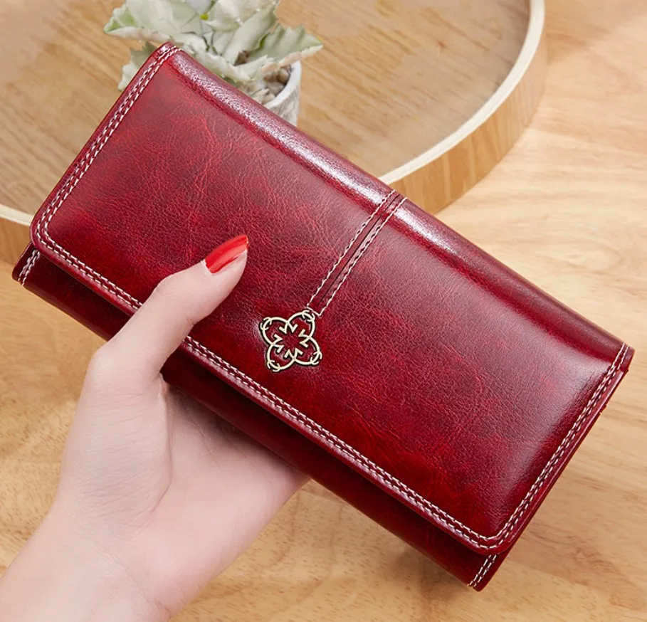 Beautiful Oil Wax Wallets Lady Trendy Fashion Vintage Stylish Luxury Waterproof Long Clutch PU Leather Ladies Purse