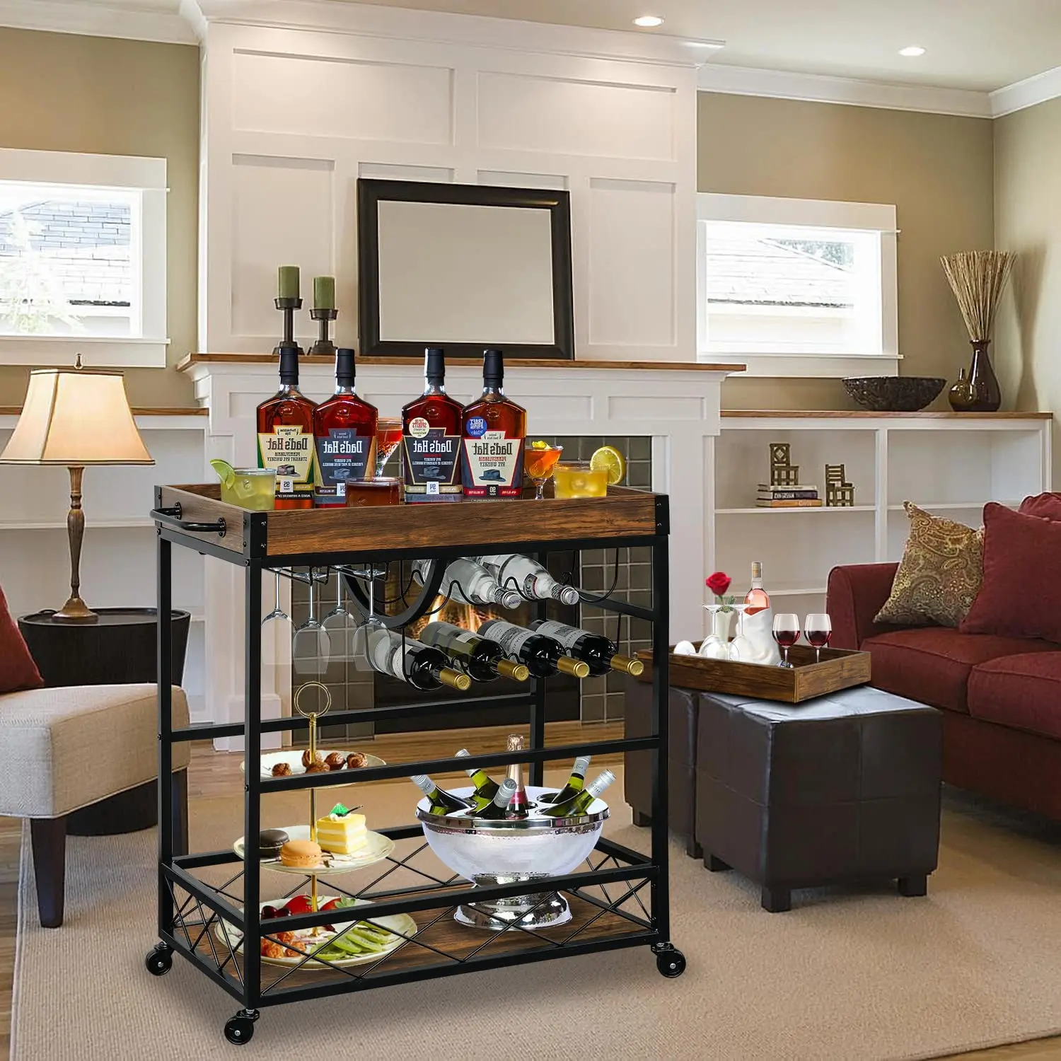 Bar Cart for The Home 3 Tire Industrial Rolling Serving Cart on Lockable Wheels Alcoholic Beverage Trolley with 2 Removable Tray