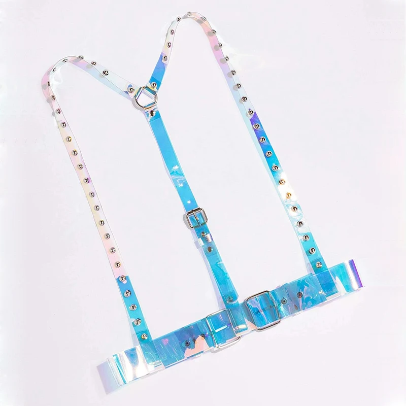 Women Laser Multicolor PVC Holographic Harness Belt Gothic Body Caged Iridescent Harness With Buckles