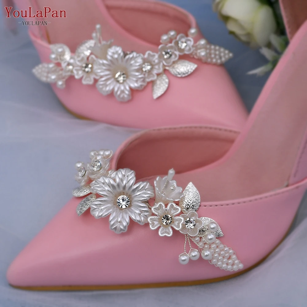 YouLaPan X26-S Wedding Handmade Flower Shoe Clips Silver Bridal High Heels Buckle Decoration Pearl Alloy Leaf Shoes Accessories