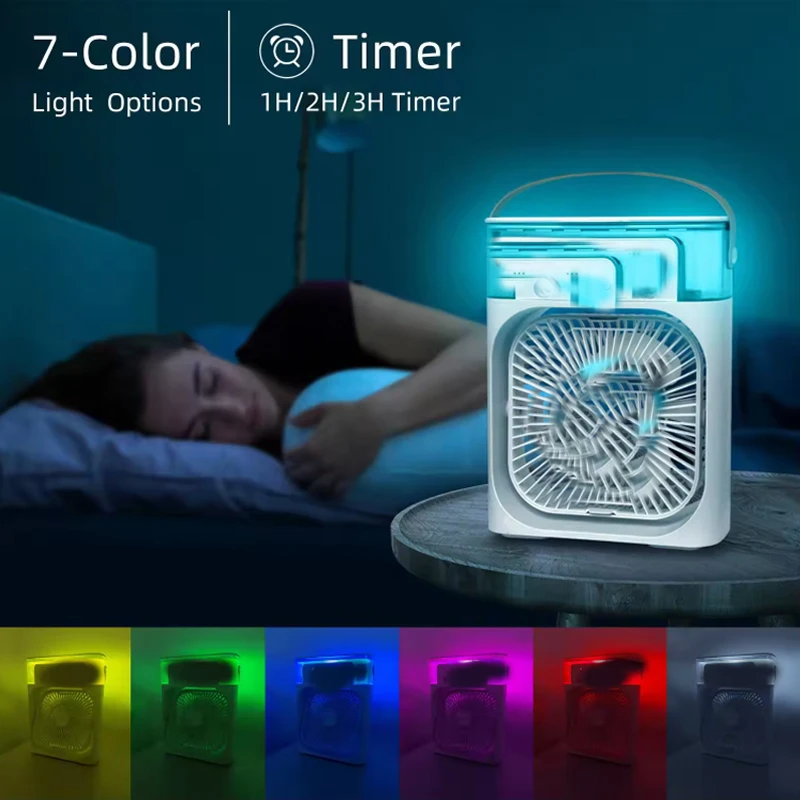 Summer  air cooling humidifier water air cooler 3-in-1 mini portable plastic add ice fan with 7 color light