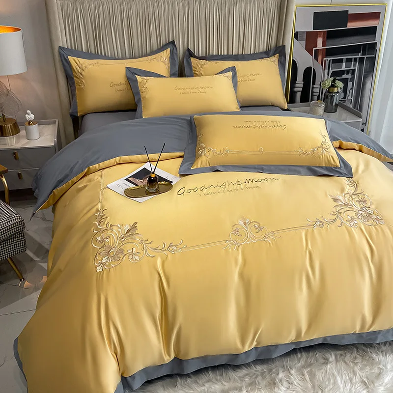 Luxury 60S Cotton Printed Embroidery Embroidered Comforter Duvet Cover 4pcs Bedding Set Sets with Bed Sheet (1600311633084)