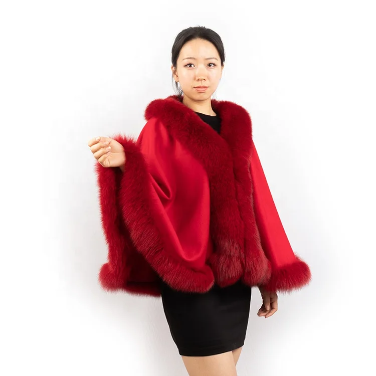 
DH IATOYW wholesale elegant cashmere poncho with real fox fur trim fashion women fur cape 