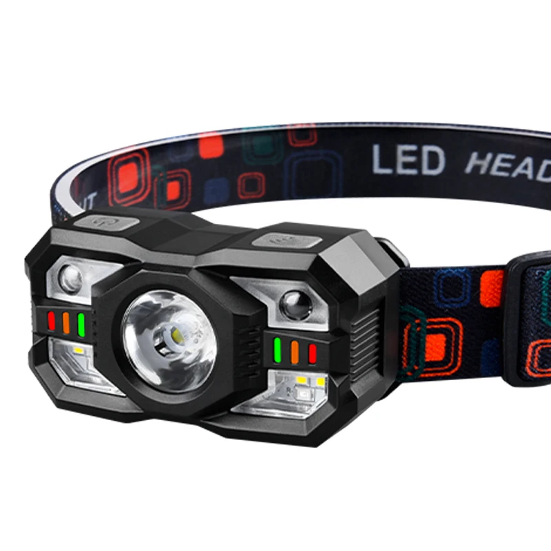 Smart Motion Sensor Headlamp Type-C USB LED Red Warning Light Power Display 1200mAh Battery 5 Modes Outdoor Head Lamp Headlight