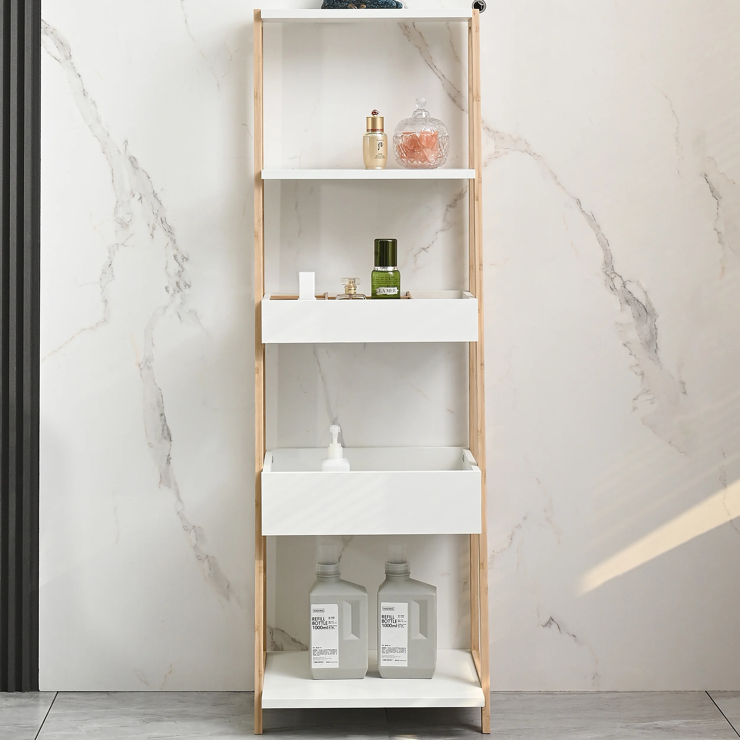 DIY Bathroom Linen Cabinet Lacquered Storage Bamboo Knock Down Drawers Dresser Vanity Shelf