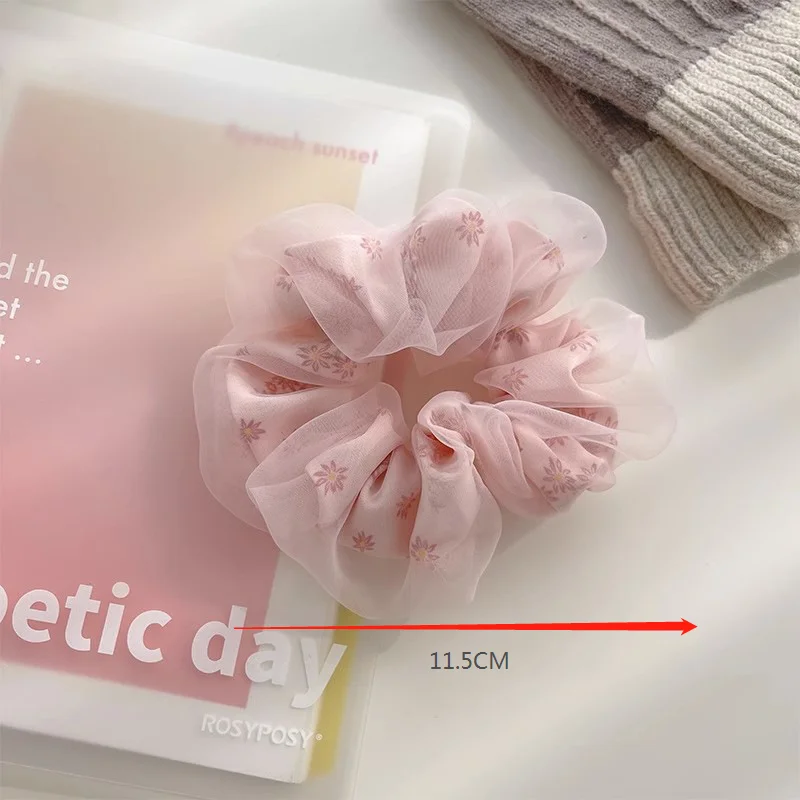 Elegant big mesh flower printing new organza scrunchies hot sale fashion elastic hair scrunchies pink for women girls