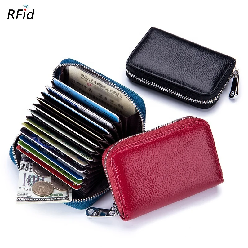 Compact Size Genuine leather KeyChain Credit Card Wallet Zipper Card Cases Holder for Men Women with RFID Blocking 12/24 Slots