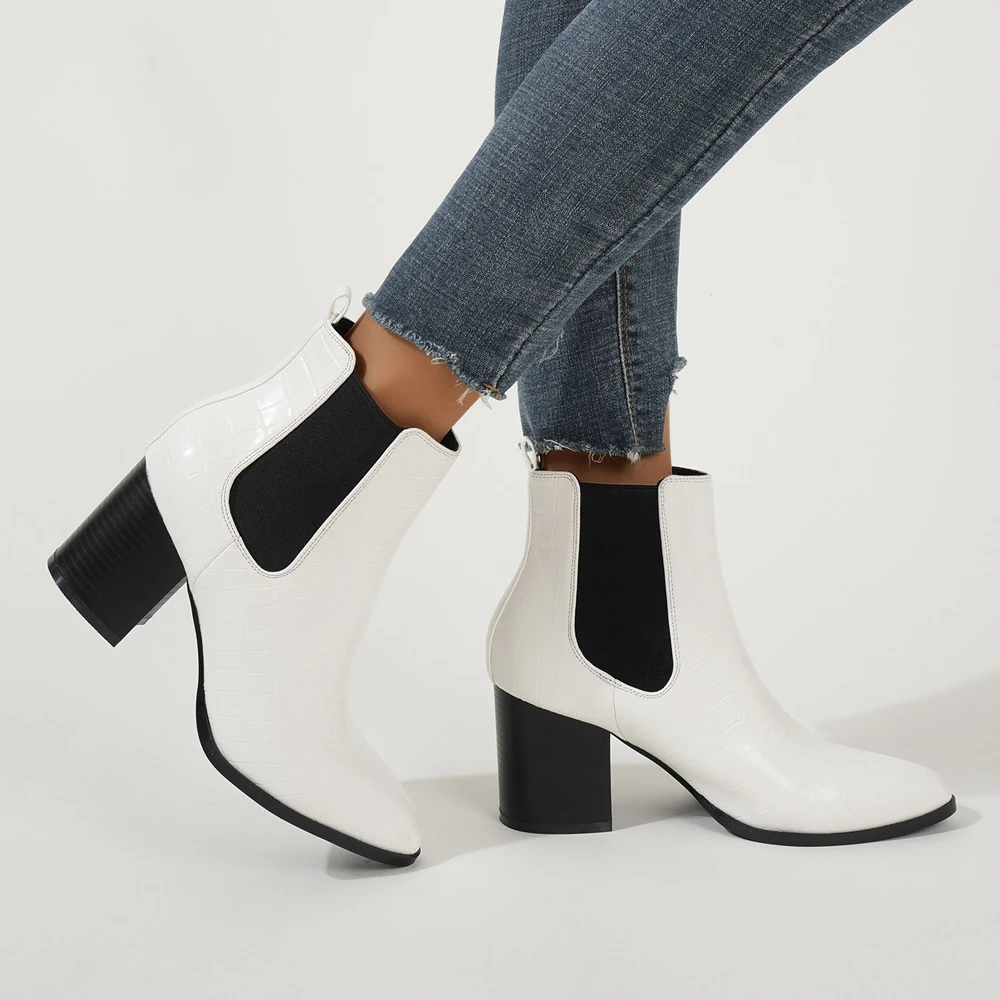 Spring white alligator PU leather thick heel ankle boots and naked boots a slip-on elastic Chelsea boots women