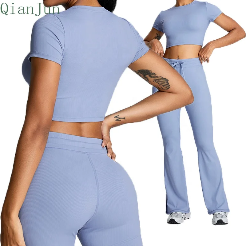 Hot Selling Threaded Activewear Fitness Yoga Hight Quality Flare Leggings High Waist Gym Sports Clothing Slit Bell Bottoms Women