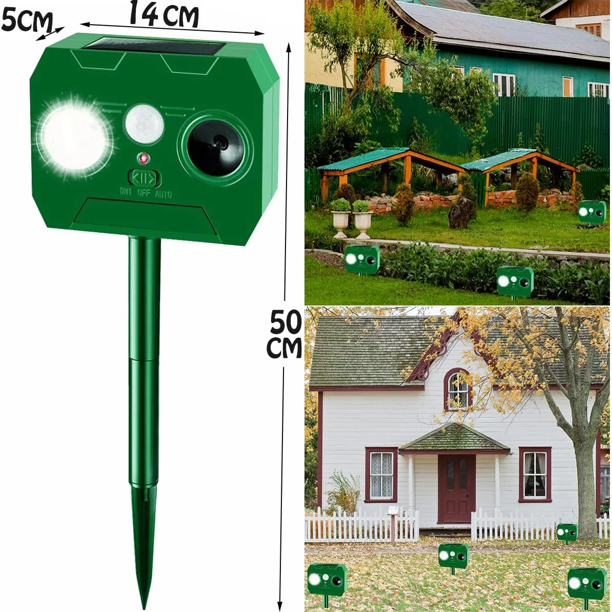 Solar Animal Repellant Ultrasonic PIR Motion Detector Cat Dog Repellant Solar Powered Waterproof Animal Deterrent Vertical Rod