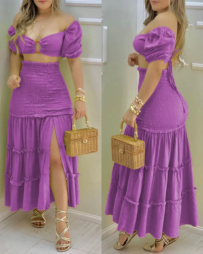 Hot New Sweet Fashion Solid Color Short-sleeved Color Matching Printed Long Skirt Suit and Blanket Dress for Women