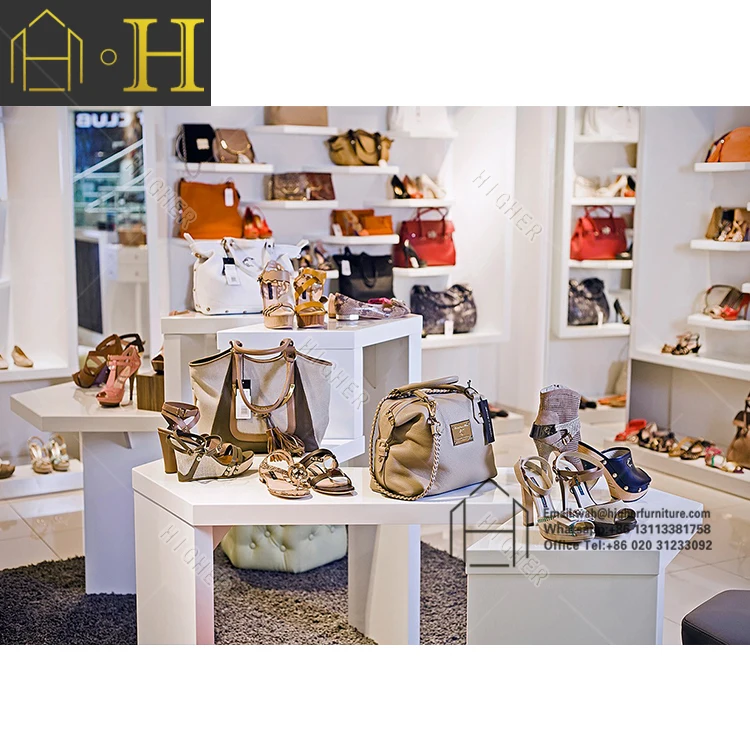 Customized High boots shoes showroom design wooden shoe display rack shoes shop layout