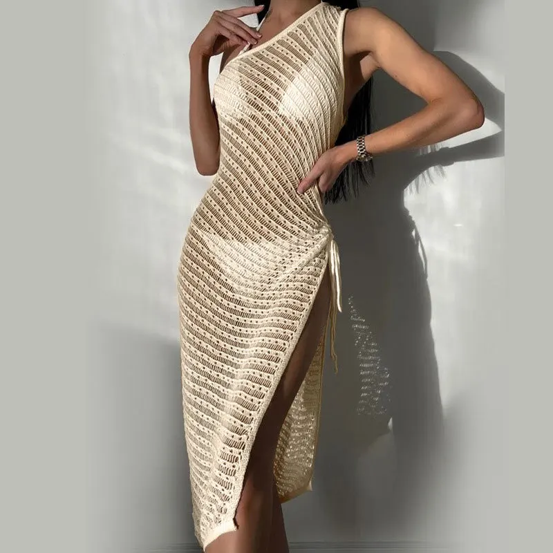 2024 Summer Womens Lingerie Sets Solid Color Sleeveless Sexy One Shoulder Hollow Out Bikini Side Split Crochet Cover Up Dresses